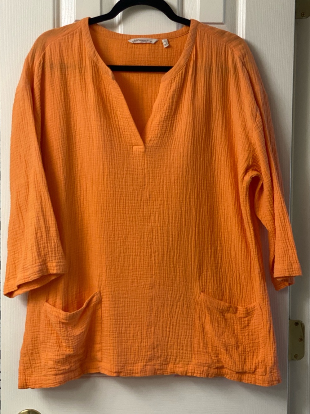 Soft Surroundings Cotton Gauze Split-Neck Front Pockets 3/4 Sleeves Top Size L